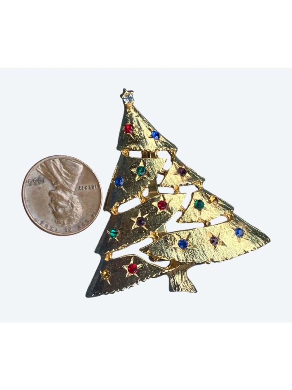 Christmas Tree Pin Brooch Vintage Multi Colored Rhinestone Brushed Gold Tone - Picture 8 of 10